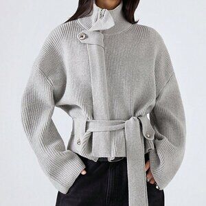 Light Grey Minimalism Casual Women's Ribbed Cardigan Sweater